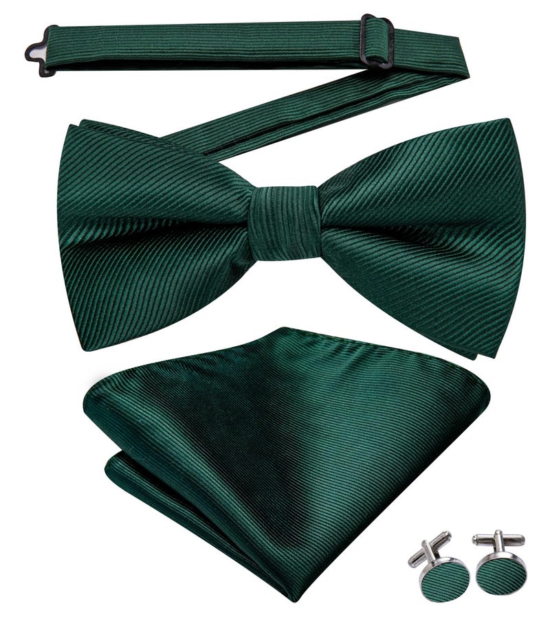 Dubulle Mens Dark Green Paisley Striped Bowtie Set Pretied Bowtie for Men and Pocket Square Set Wedding Business - Image 2